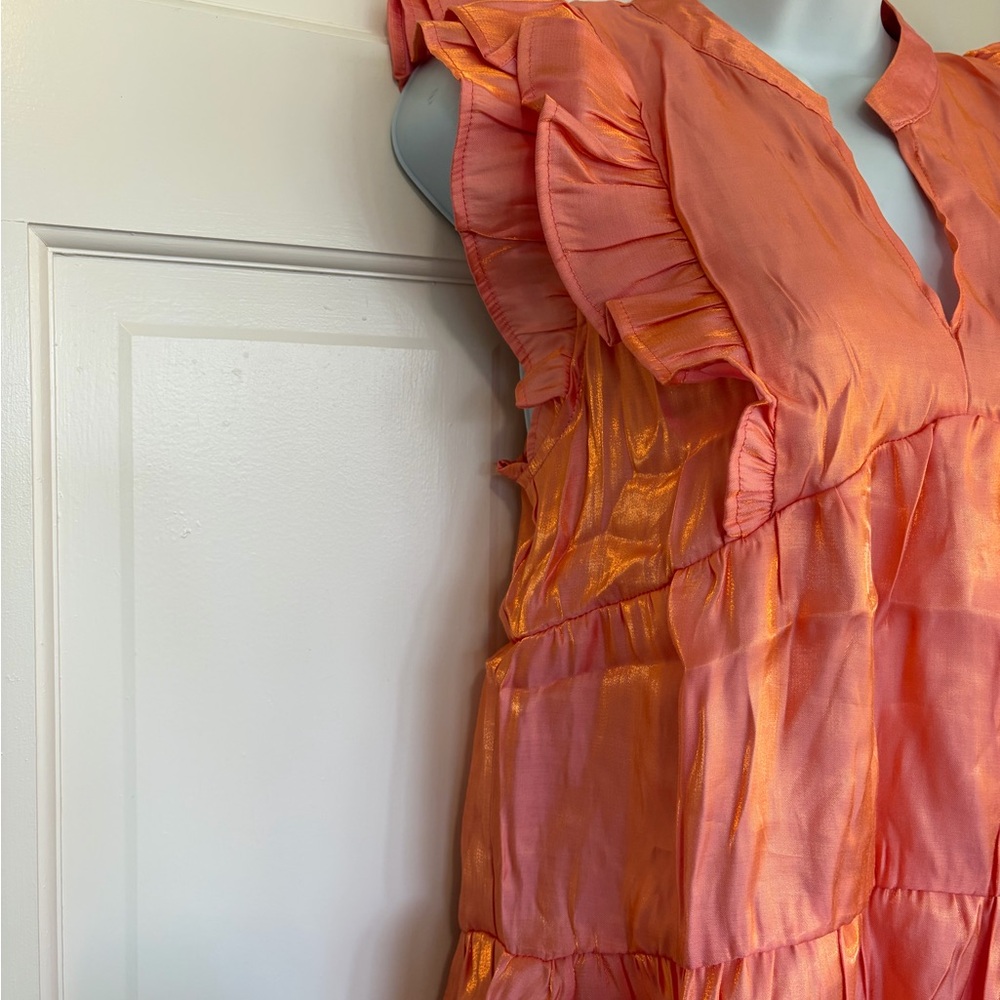 Umgee Coral-Orange Ruffle Sleeve Tiered Peasant Top - Picture 2 of 4